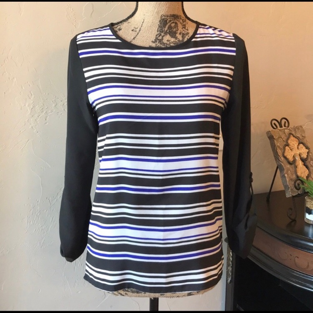 Petticoat Alley Striped Blouse Womens Size Small Black Blue